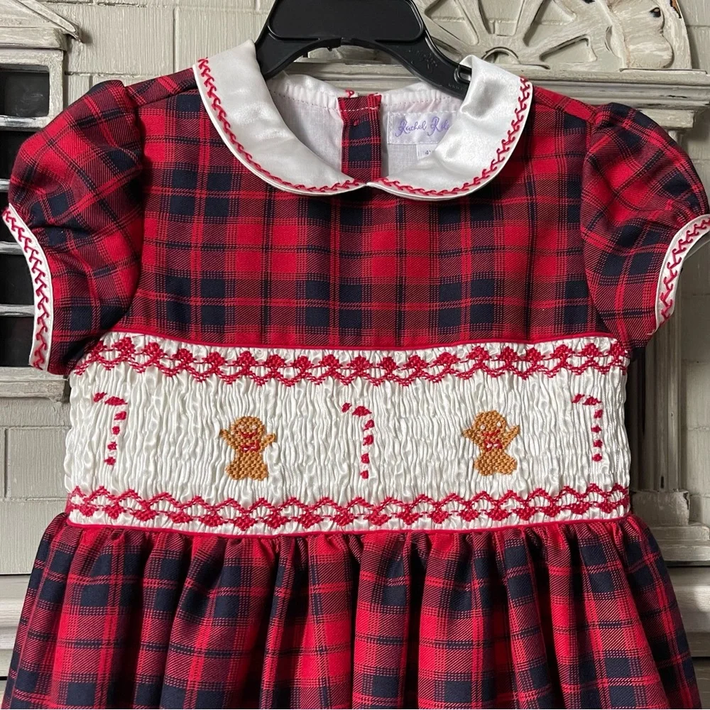 Rachel Riley Girls Gingerbread Tartan Puff Sleeve Smocked Holiday Dress, Red - Picture 7 of 15
